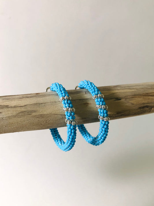 Beaded Hoop Earrings - Light Blue & Silver Stripes