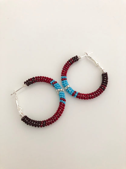 Beaded Hoop Earrings - Red & Turquoise