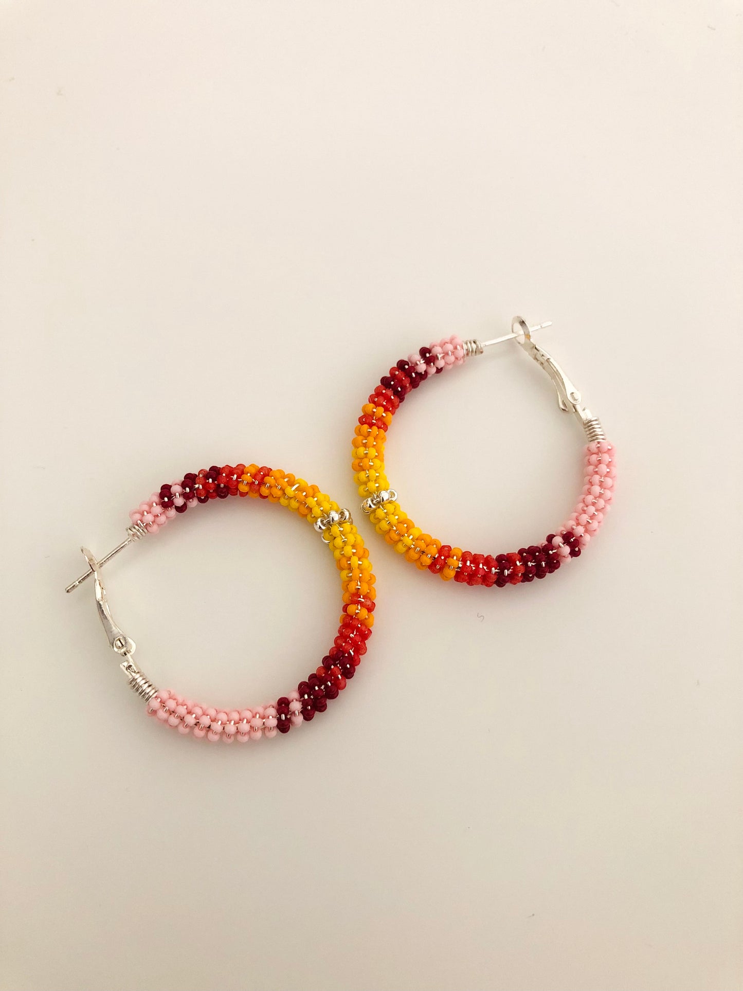 Beaded Hoop Earrings - Pink Fire