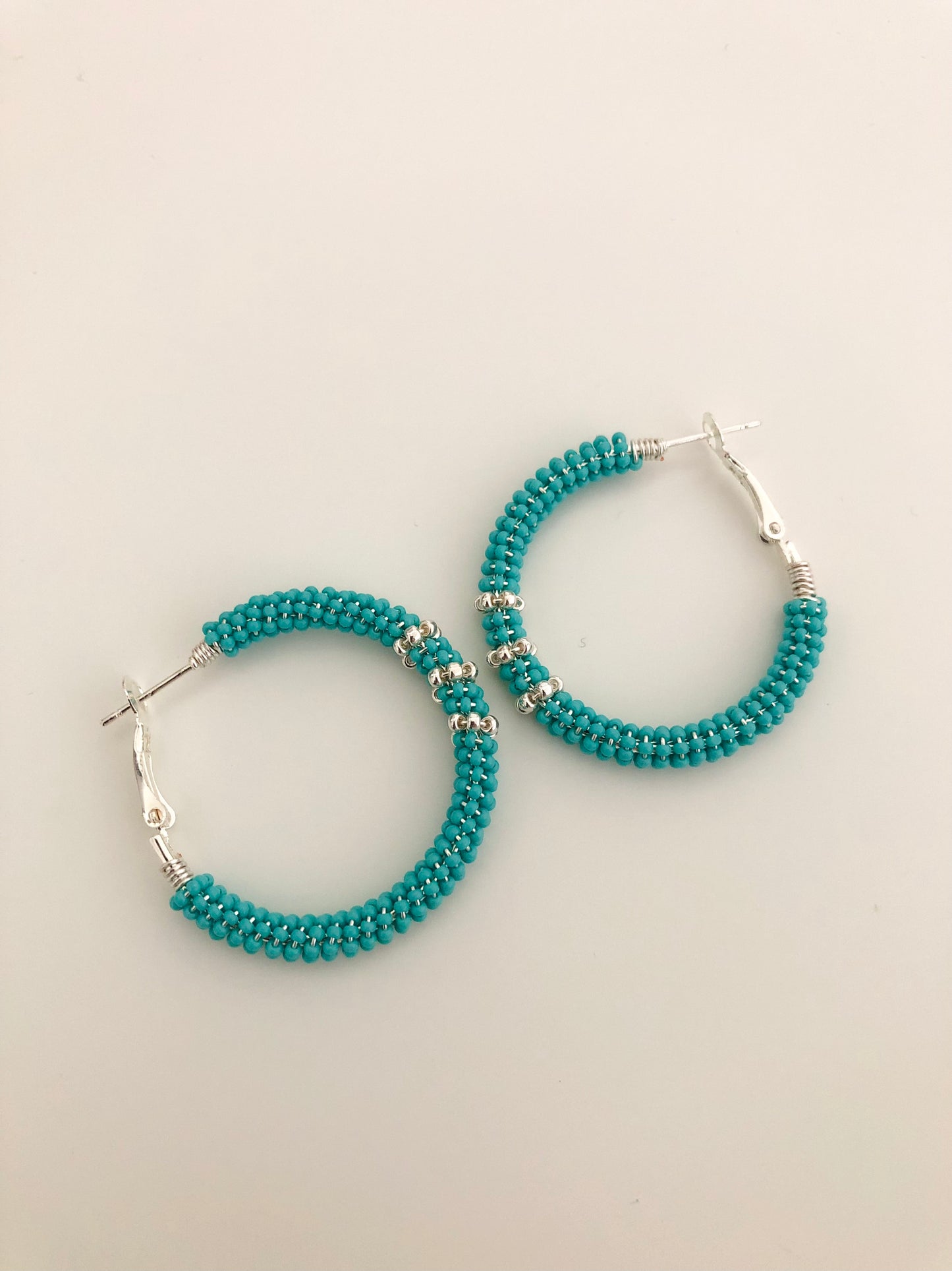 Beaded Hoop Earrings - Turquoise Green & Silver Stripes