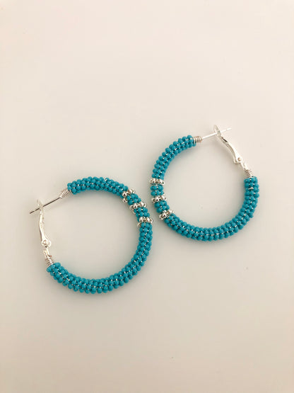 Beaded Hoop Earrings - Turquoise Blue & Silver Stripes