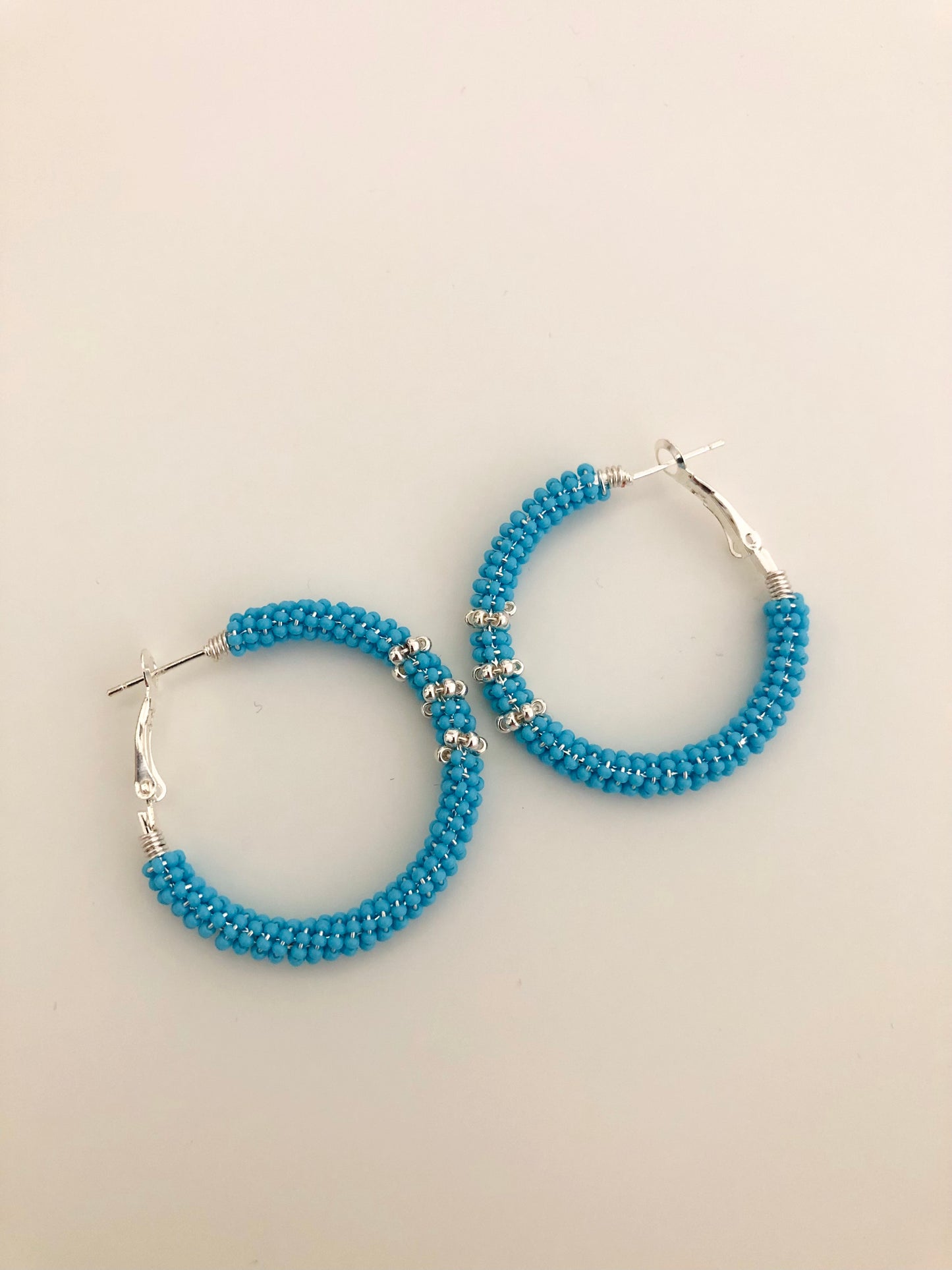 Beaded Hoop Earrings - Light Blue & Silver Stripes