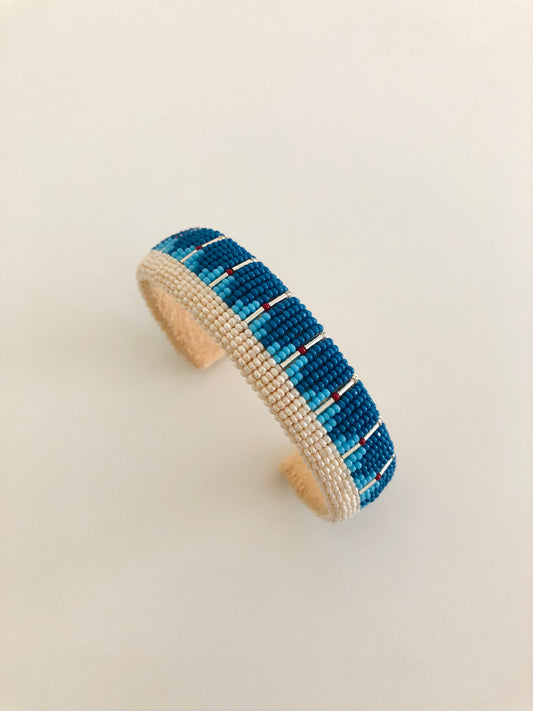 Beaded Cuff Bracelet - Denim Silver Stripes