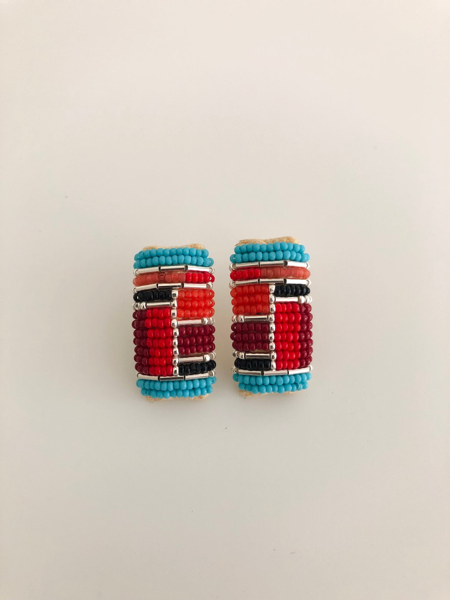 Beaded Post Earrings - Silver Modern Inlay - Turquoise & Reds