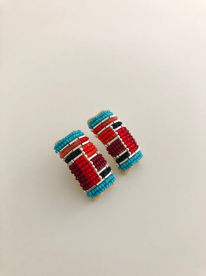 Beaded Post Earrings - Silver Modern Inlay - Turquoise & Reds