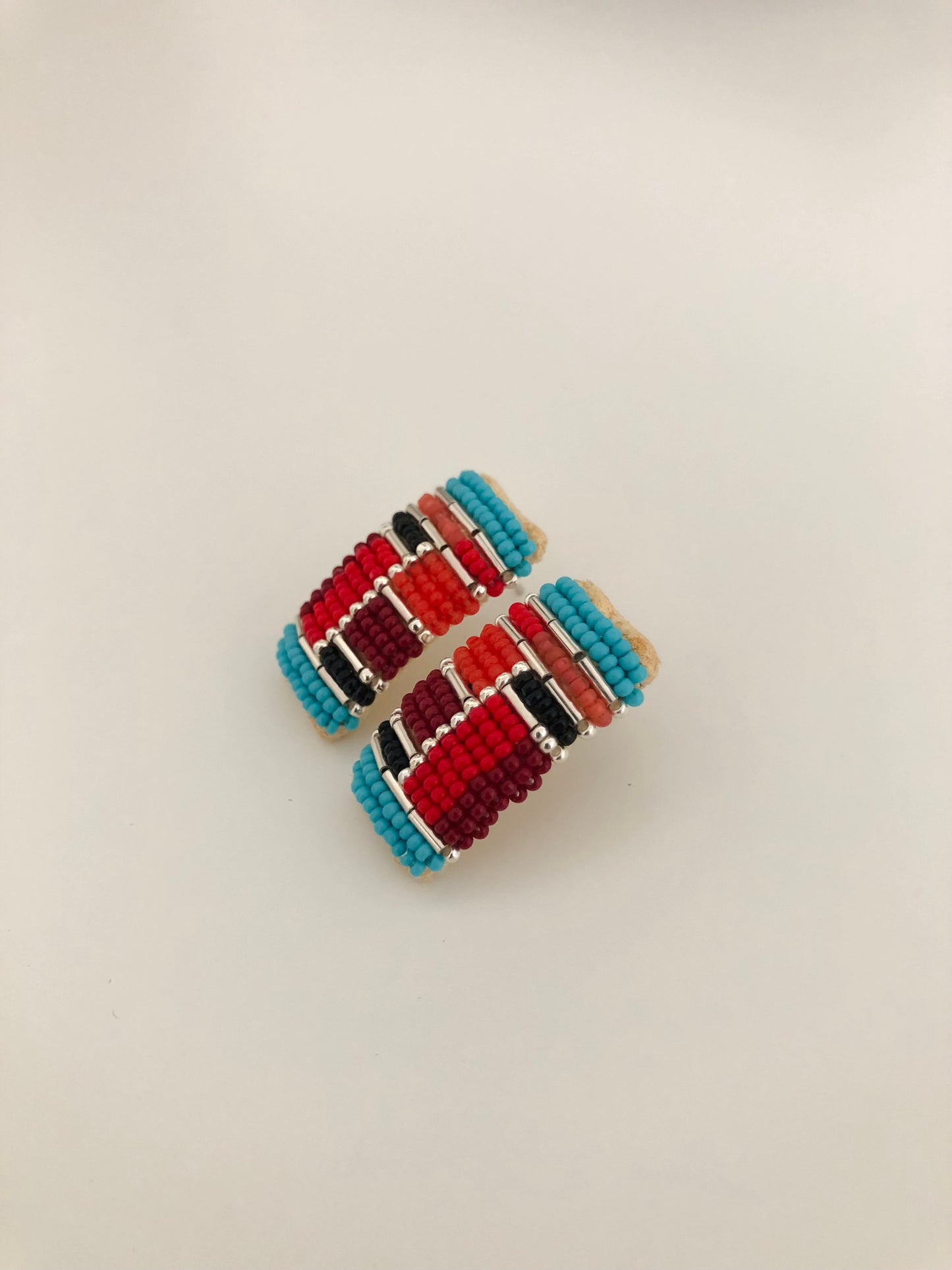 Beaded Post Earrings - Silver Modern Inlay - Turquoise & Reds