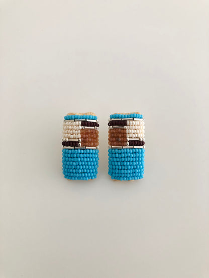 Beaded Post Earrings - Silver Modern Inlay - Turquoise Blue & Topaz