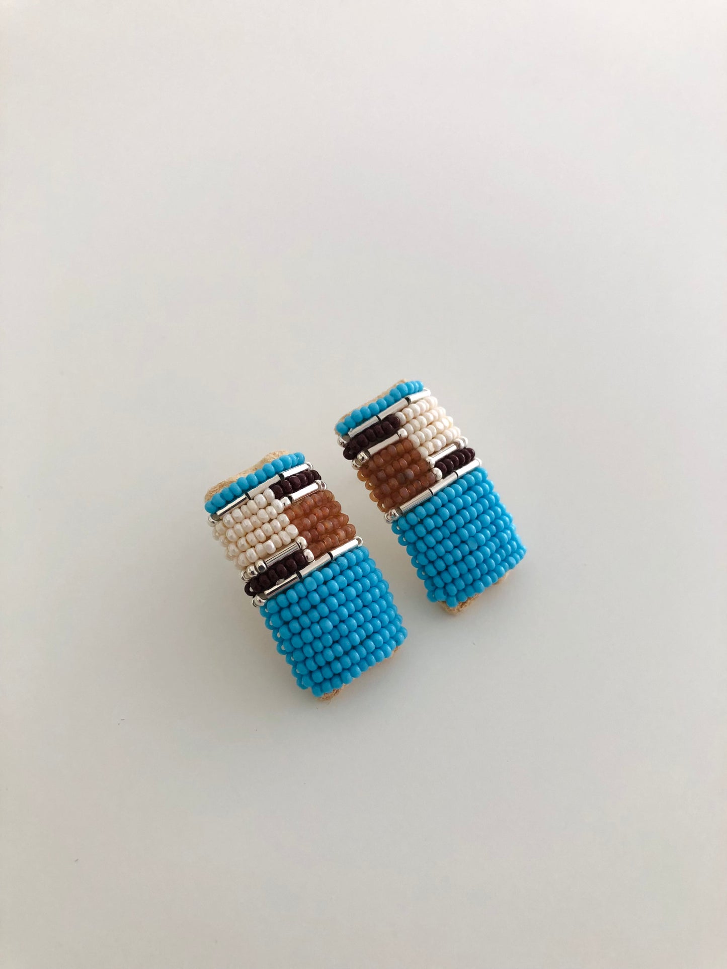 Beaded Post Earrings - Silver Modern Inlay - Turquoise Blue & Topaz