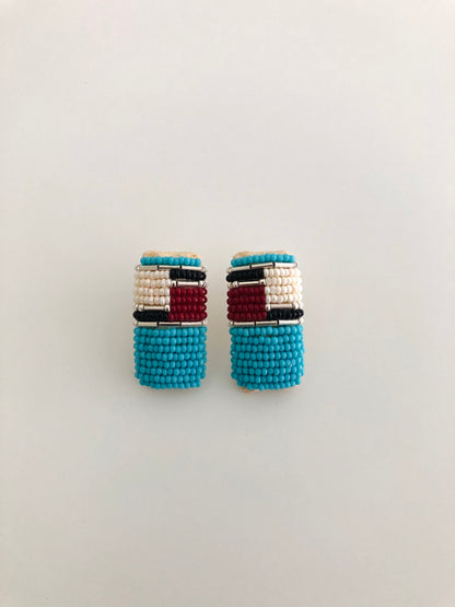 Beaded Post Earring - Silver Modern Inlay - Turquoise Blue & Wine Red