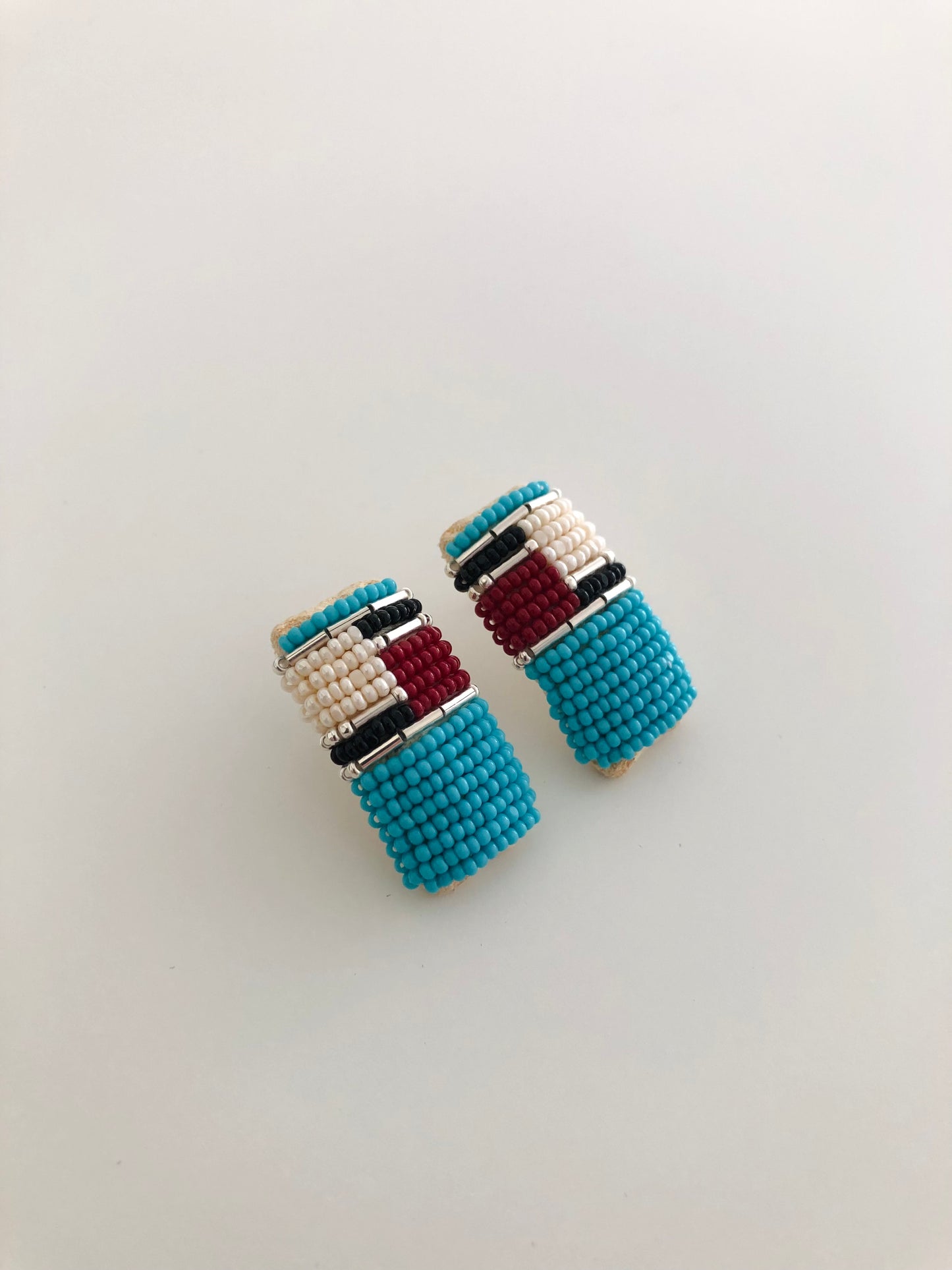 Beaded Post Earring - Silver Modern Inlay - Turquoise Blue & Wine Red