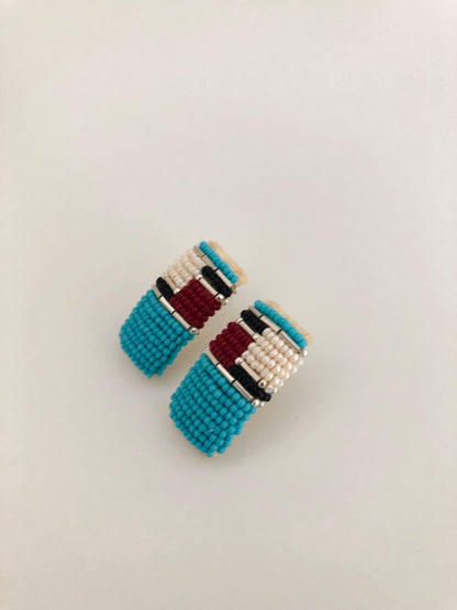 Beaded Post Earring - Silver Modern Inlay - Turquoise Blue & Wine Red