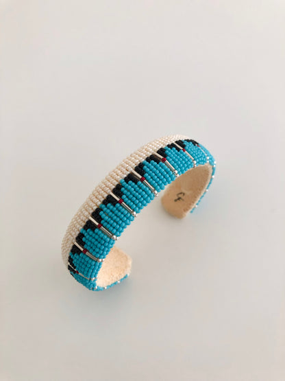 Beaded Cuff Bracelet - Silver Mountain - Turquoise Blue & Winter White