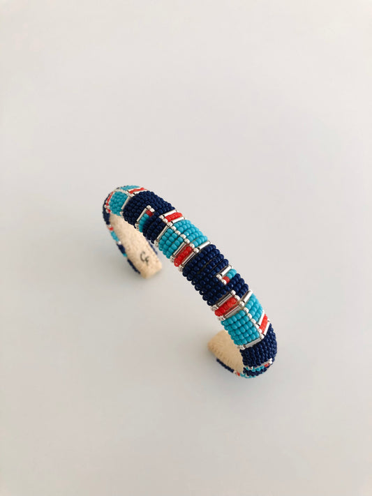 Beaded Cuff Bracelet - Silver Modern Inlay - Navy Blue, Coral & Turquoise