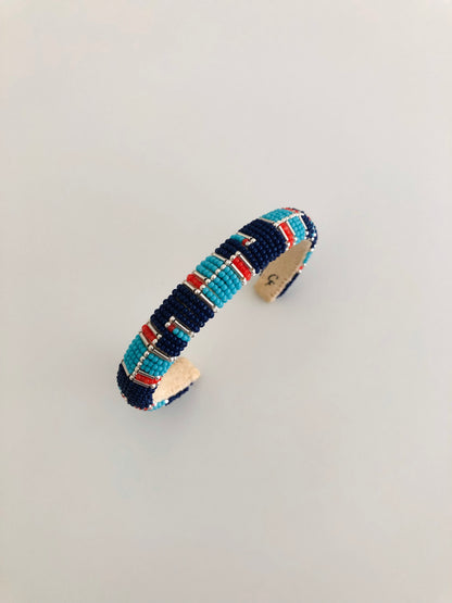 Beaded Cuff Bracelet - Silver Modern Inlay - Navy Blue, Coral & Turquoise