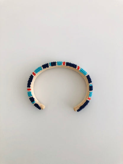 Beaded Cuff Bracelet - Silver Modern Inlay - Navy Blue, Coral & Turquoise