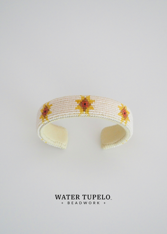 Beaded Cuff Bracelet - Star Quilt - Goldenrod & Dusty Rose
