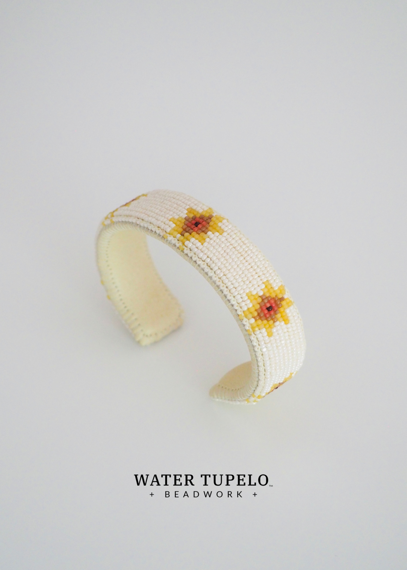 Beaded Cuff Bracelet - Star Quilt - Goldenrod & Dusty Rose