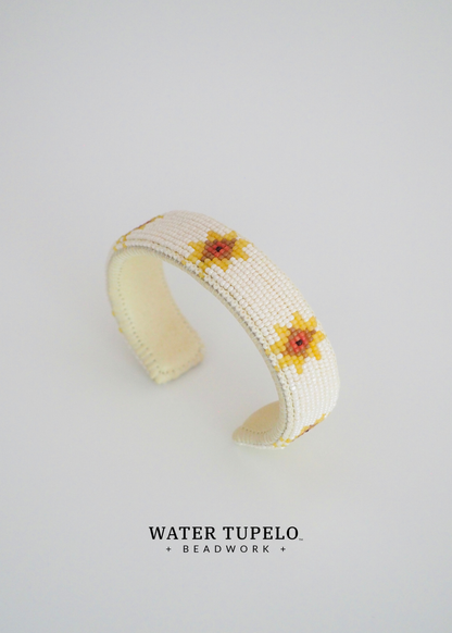 Beaded Cuff Bracelet - Star Quilt - Goldenrod & Dusty Rose