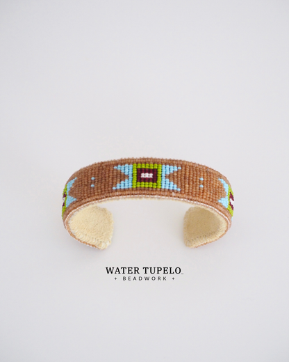 Beaded Cuff Bracelet - Quilted Butterfly - Topaz & Olive Green