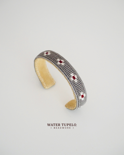 Beaded Cuff Bracelet - Four Directions - Gray & Garnet