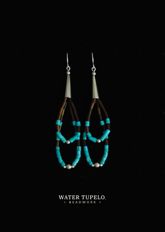 The Kingman Ball & Cone Earrings - Double Turquoise Loop & Brown Glass Beads